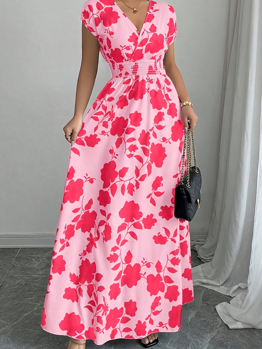 Elegant Pink Floral Maxi Dress with V-Neck and Short Sleeves - Flowing A-Line Silhouette, Cinched Waist, Perfect for Spring/Fall, Casual to Formal Wear, Casual Elegant Wear | Floral Print Dress | Cinched Waist Design - Pink