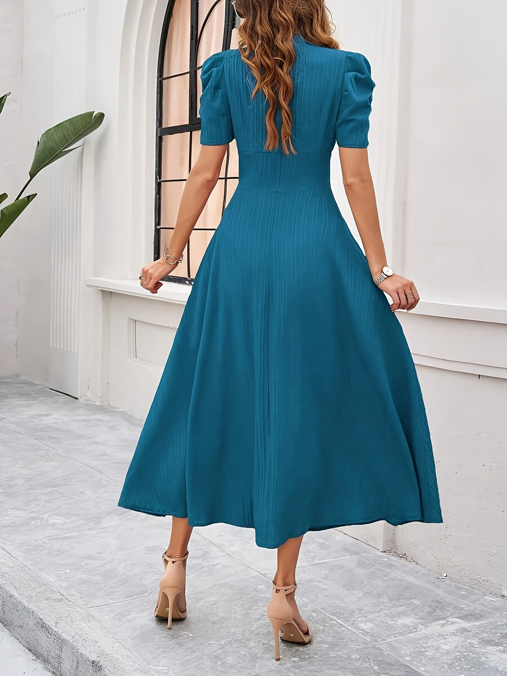 Solid V-Neck Elegant Dress - Peacock Blue