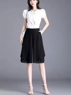 High-Waisted Chiffon 7/8 Wide-Leg Culottes, Loose And Irregular Casual Pants Skirt for Summer - Black
