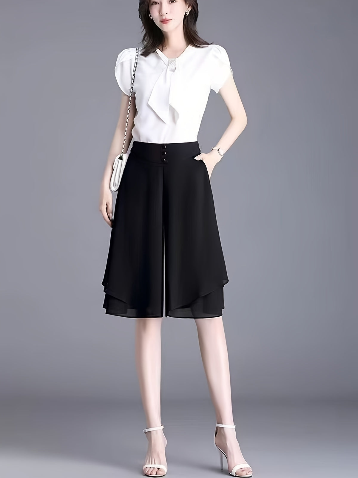 High-Waisted Chiffon 7/8 Wide-Leg Culottes, Loose And Irregular Casual Pants Skirt for Summer - Black