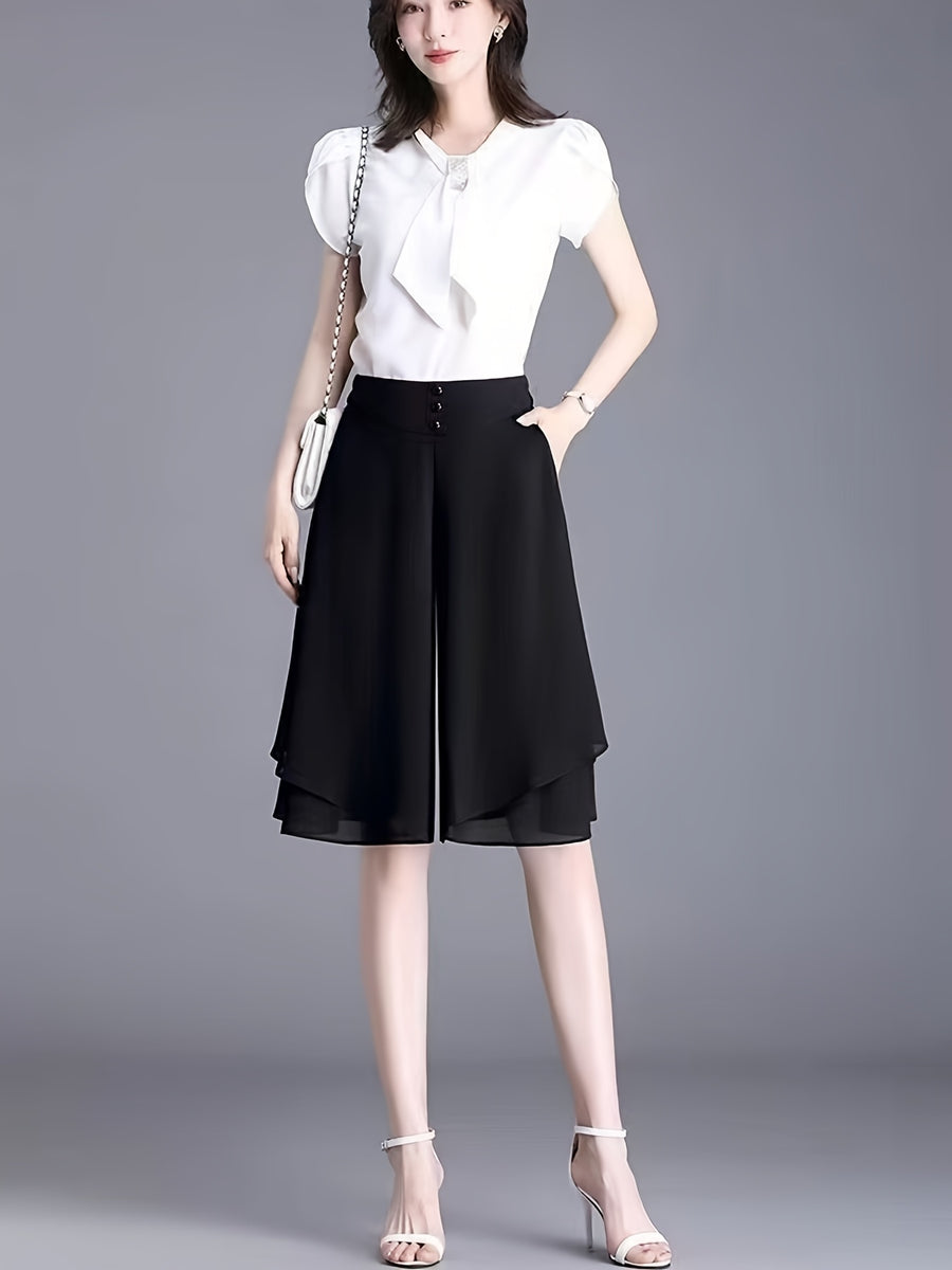 High-Waisted Chiffon 7/8 Wide-Leg Culottes, Loose And Irregular Casual Pants Skirt for Summer - Black