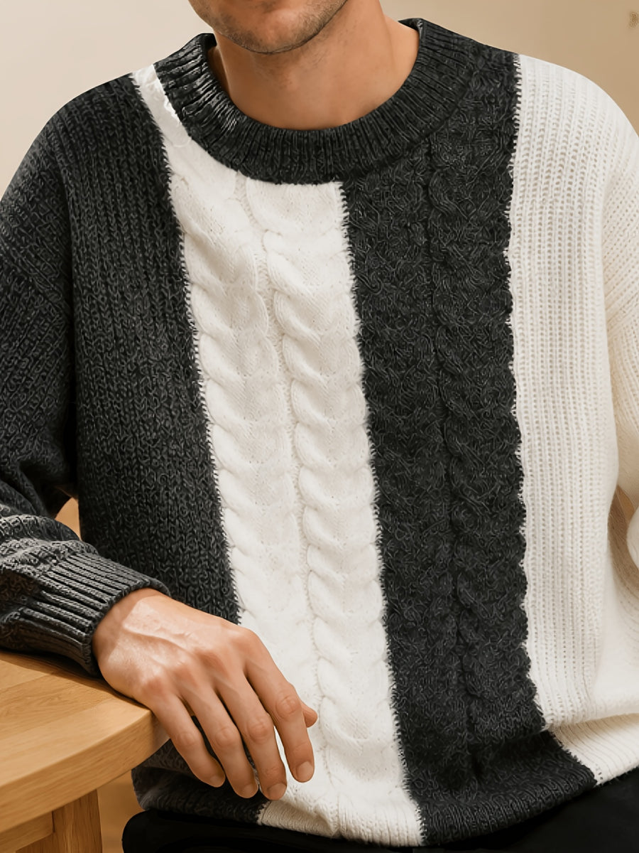 Men's Du Jing Lan OBM Color Block Knit Sweater - Old Money Style Round Neck Pullover with Contrast Long Sleeves, Business Casual Ribbed Sweater Suitable for Layering, Golf, Outdoor & Daily Wear, Spring/Autumn Winter Wardrobe Essential - Grey