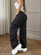 Street Style Women'S Casual Solid Color Loose Overalls, Y2K Comfortable Elastic Waist Multi-Pocket Long Pants - Black