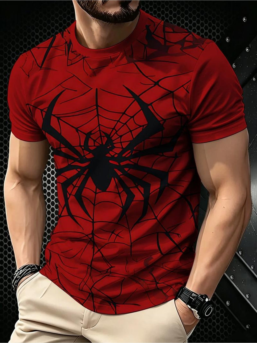 Men'S Casual T-Shirt, Red Base with Black Spider Web And Big Spider Pattern, Trendy Street Style Tee for Daily Outfits, Individual Summer Top [Print Design - No Texture], Breathable, Pockets, Regular Fit, Crew Neck, Short Sleeve - Mixed colors