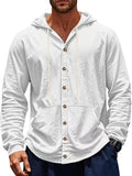 Men's Hooded Long-Sleeve Button-Up Casual Shirt with Pockets, Lightweight and Stylish Top - White