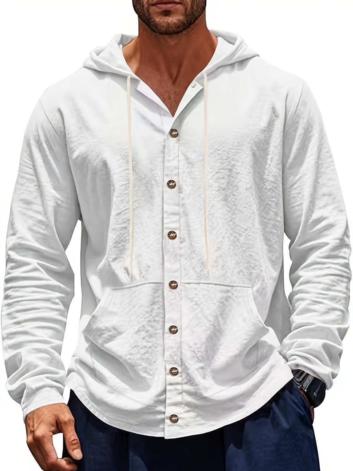 Men's Hooded Long-Sleeve Button-Up Casual Shirt with Pockets, Lightweight and Stylish Top - White