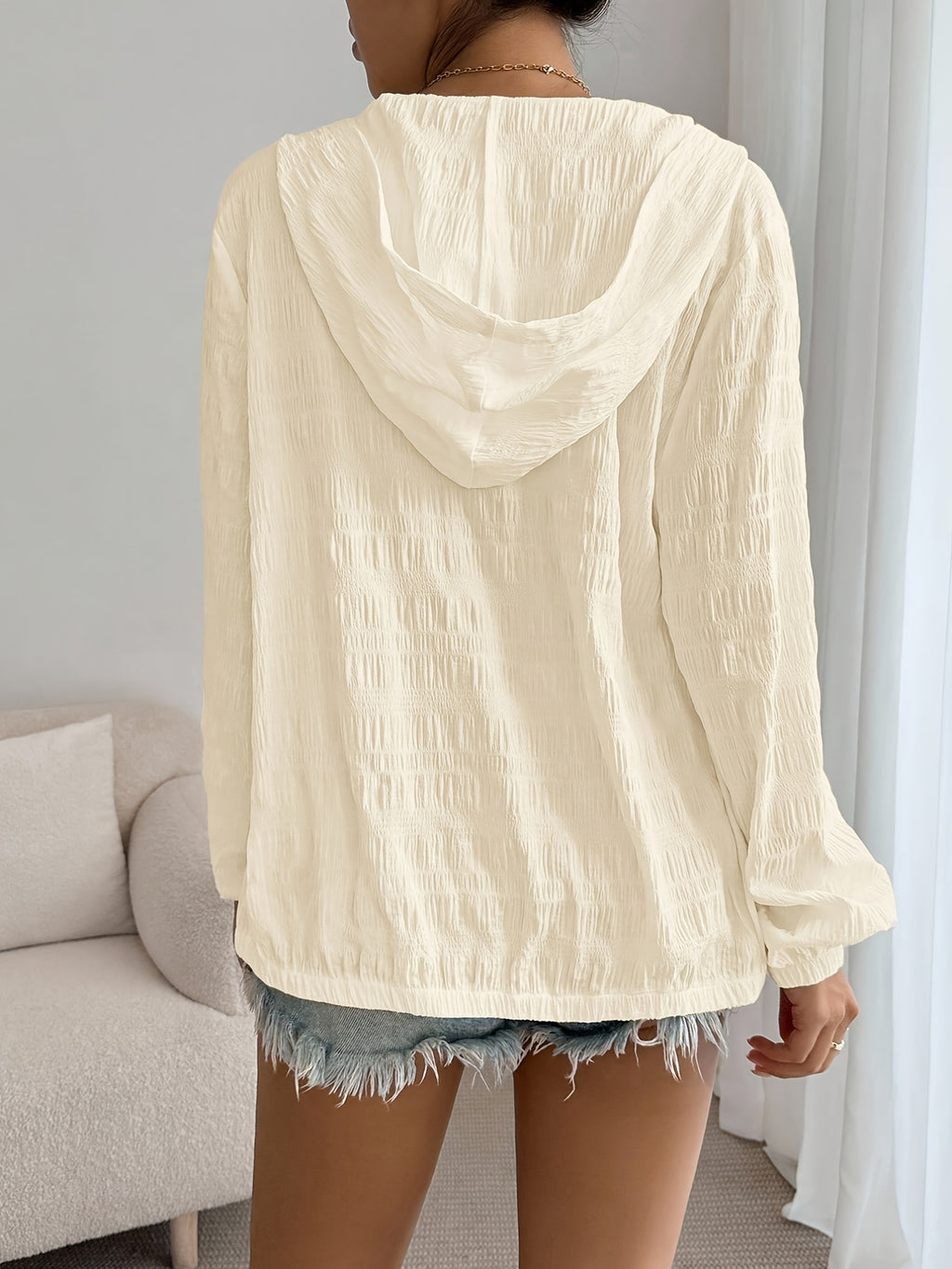 Comfortable Comfortable | Women'S Lightweight White Hooded Jacket - Casual Pleated Design, Zipper Closure, Long Sleeves, Machine Washable - Versatile Outerwear for All Seasons - Apricot