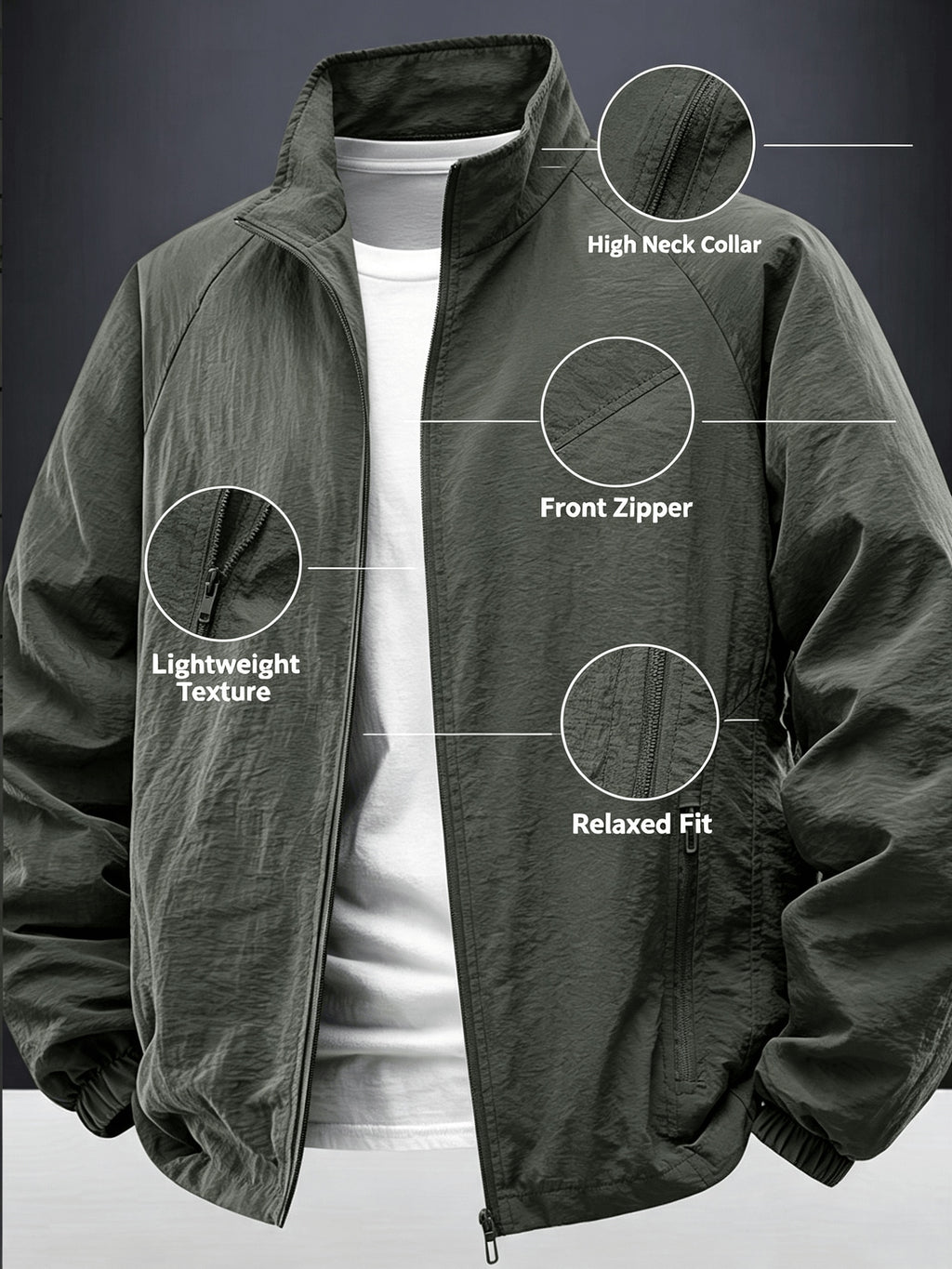 Men'S Lightweight Stand Collar Windbreaker Zip-Up Casual Jacket with Elastic Cuff, Outdoor Sports Coat - Olive Green Color