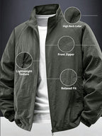 Men'S Lightweight Stand Collar Windbreaker Zip-Up Casual Jacket with Elastic Cuff, Outdoor Sports Coat - Olive Green Color