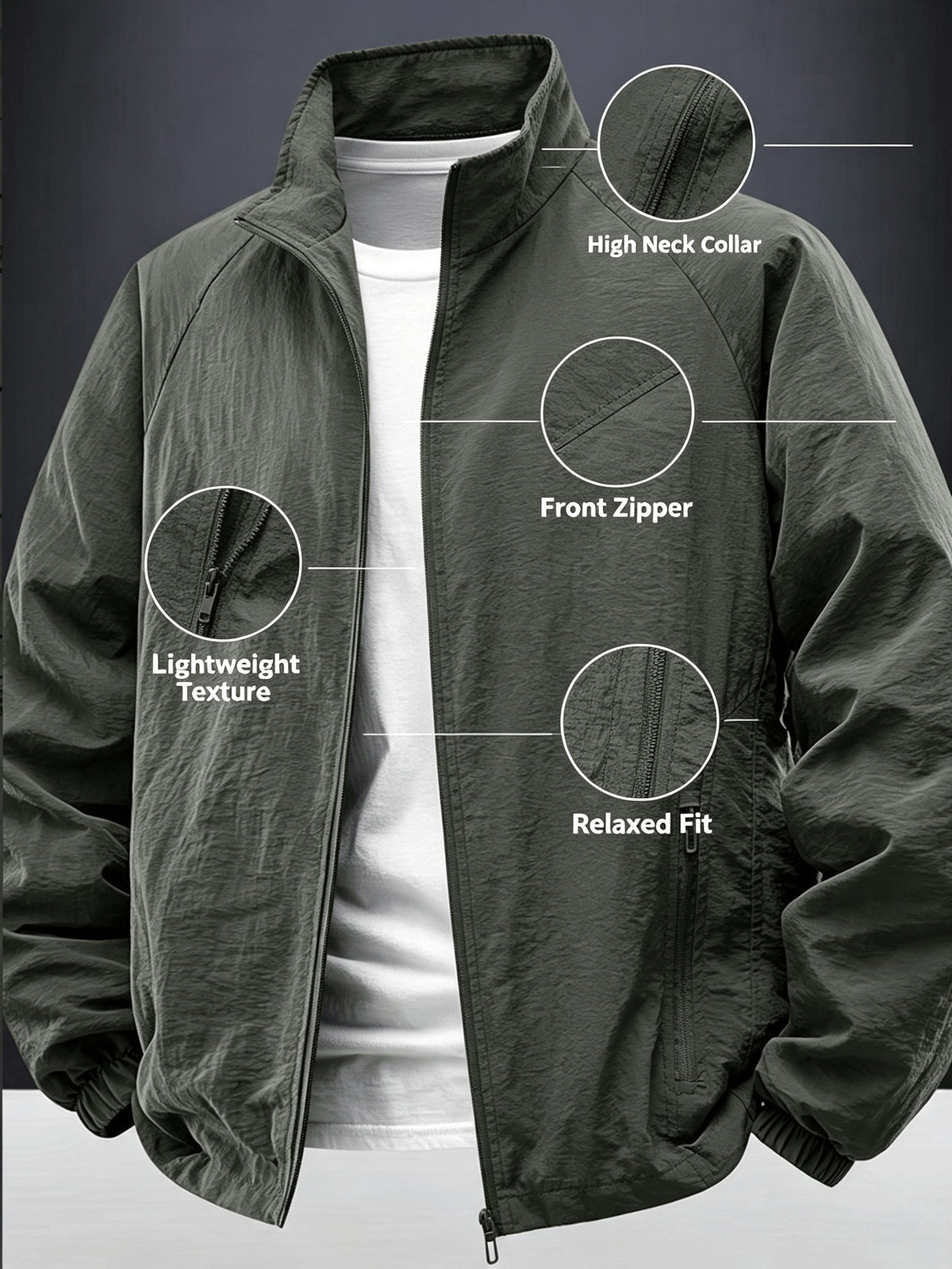 Men'S Lightweight Stand Collar Windbreaker Zip-Up Casual Jacket with Elastic Cuff, Outdoor Sports Coat - Olive Green Color