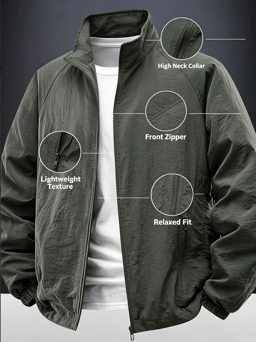Men'S Lightweight Stand Collar Windbreaker Zip-Up Casual Jacket with Elastic Cuff, Outdoor Sports Coat - Olive Green Color
