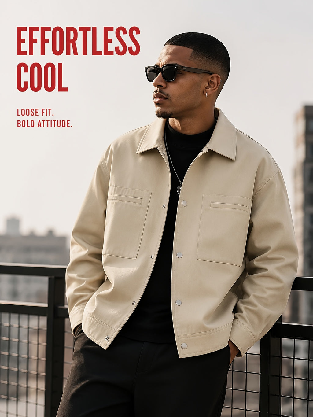 Men'S Lapel Collar Snap Button Utility Jacket, Multi-Patch Pockets Design with Pen Slot, Loose Short Cut Workwear Outer Coat, Durable Fabric Street Style Outerwear for Everyday City Wear - Apricot