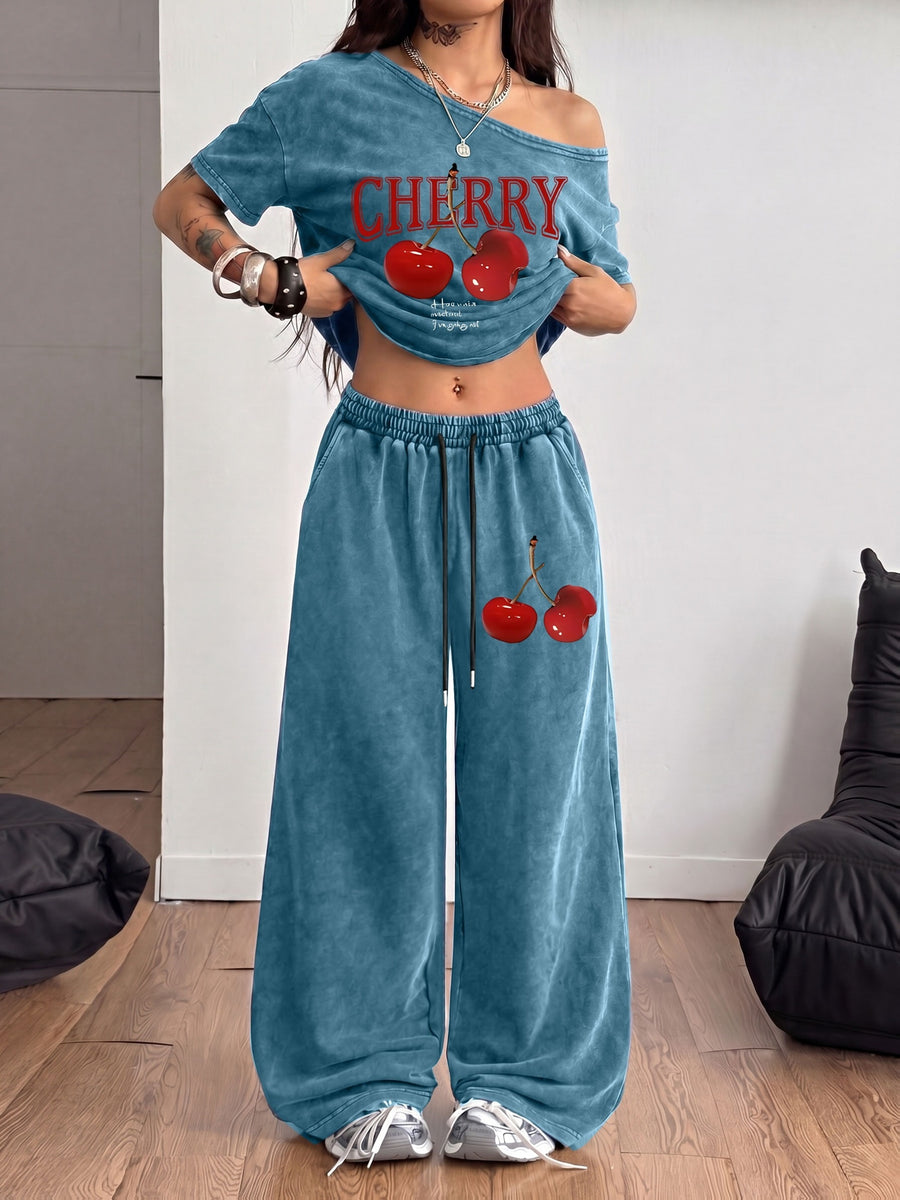 Trendy Red Cherry Letter Print New Spring/Summer Casual Jersey Sportswear, Street Sport Style Washed Off-Shoulder T-Shirt and Long Pants 2pcs Set, Washed Outfit, American Street Academic Style - Navy Color