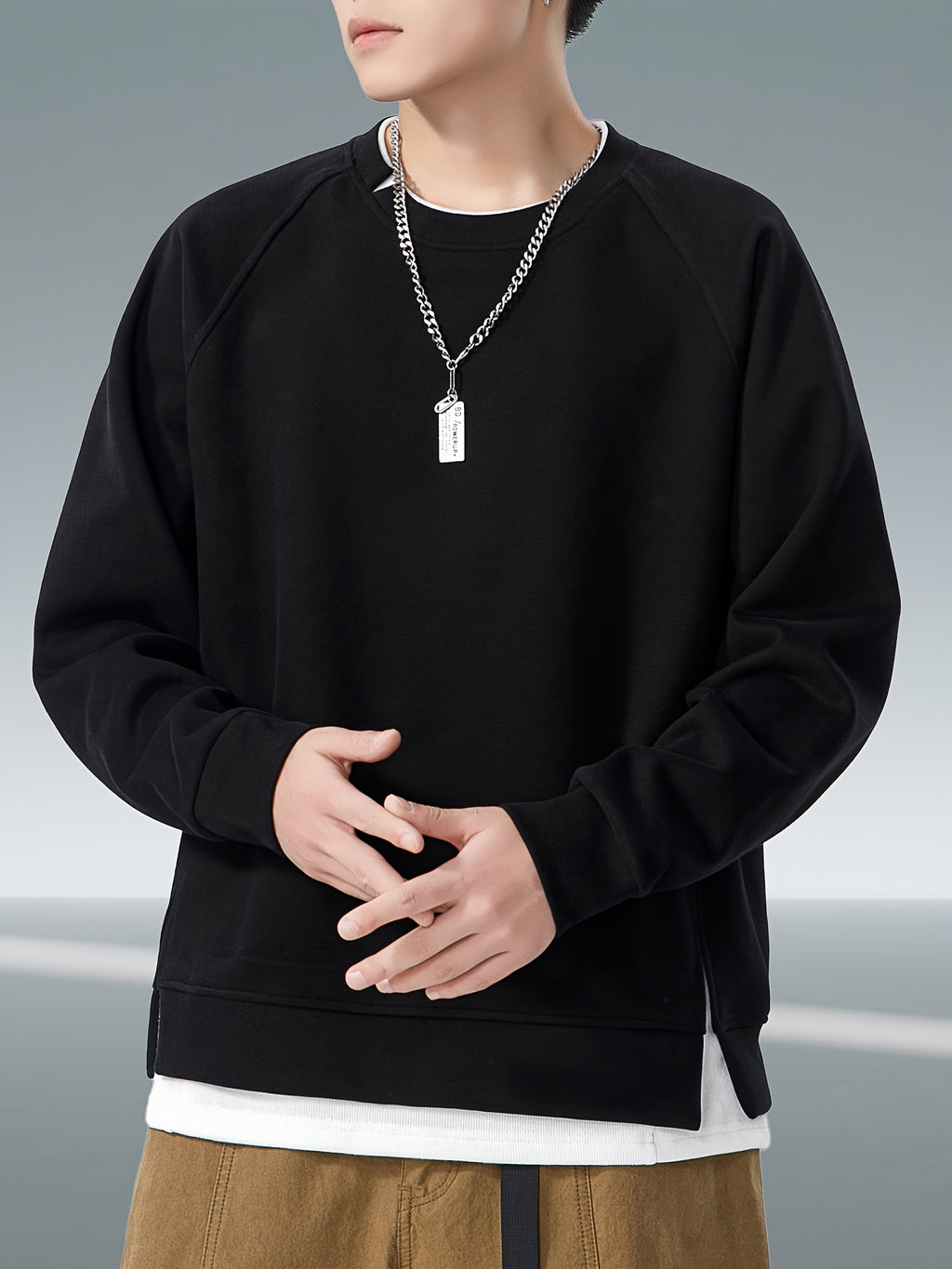 Autumn And Winter New Men'S Heavyweight 350G Fake Two-Piece Crew Neck Sweatshirt, Fashionable Raglan Sleeve Versatile Pullover, Loose Blend 67% + 33% Fiber Sports Sweatshirt - Black