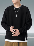 Autumn And Winter New Men'S Heavyweight 350G Fake Two-Piece Crew Neck Sweatshirt, Fashionable Raglan Sleeve Versatile Pullover, Loose Blend 67% + 33% Fiber Sports Sweatshirt - Black