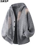 ZBZP Autumn/Winter Knitted 3D Solid Color Hooded Sweater, Basic Knit Cardigan, Men's Fashion Knitted Long-Sleeve Outerwear DM - Light Grey