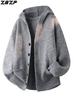 ZBZP Autumn/Winter Knitted 3D Solid Color Hooded Sweater, Basic Knit Cardigan, Men's Fashion Knitted Long-Sleeve Outerwear DM - Light Grey