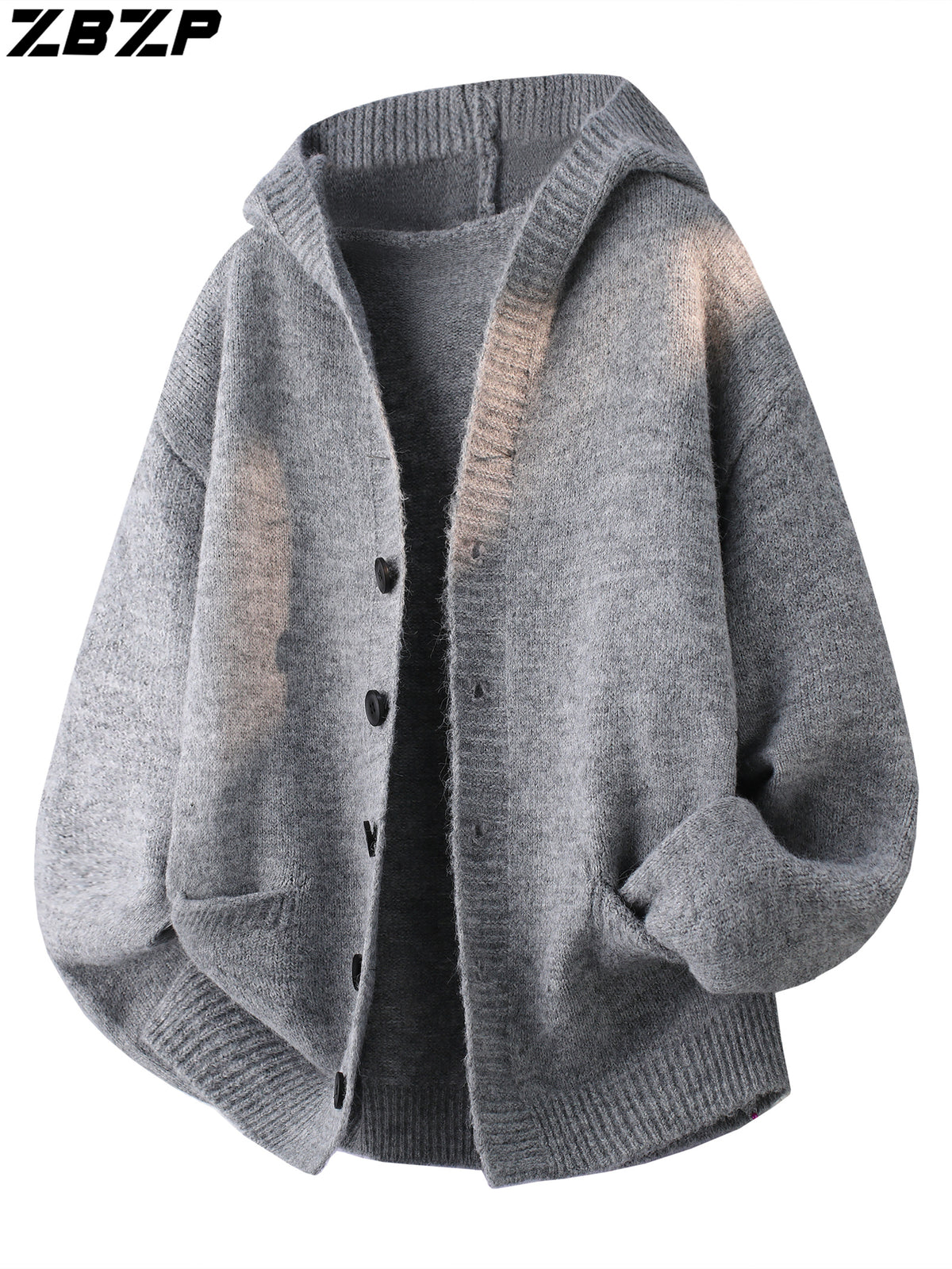 ZBZP Autumn/Winter Knitted 3D Solid Color Hooded Sweater, Basic Knit Cardigan, Men's Fashion Knitted Long-Sleeve Outerwear DM - Light Grey