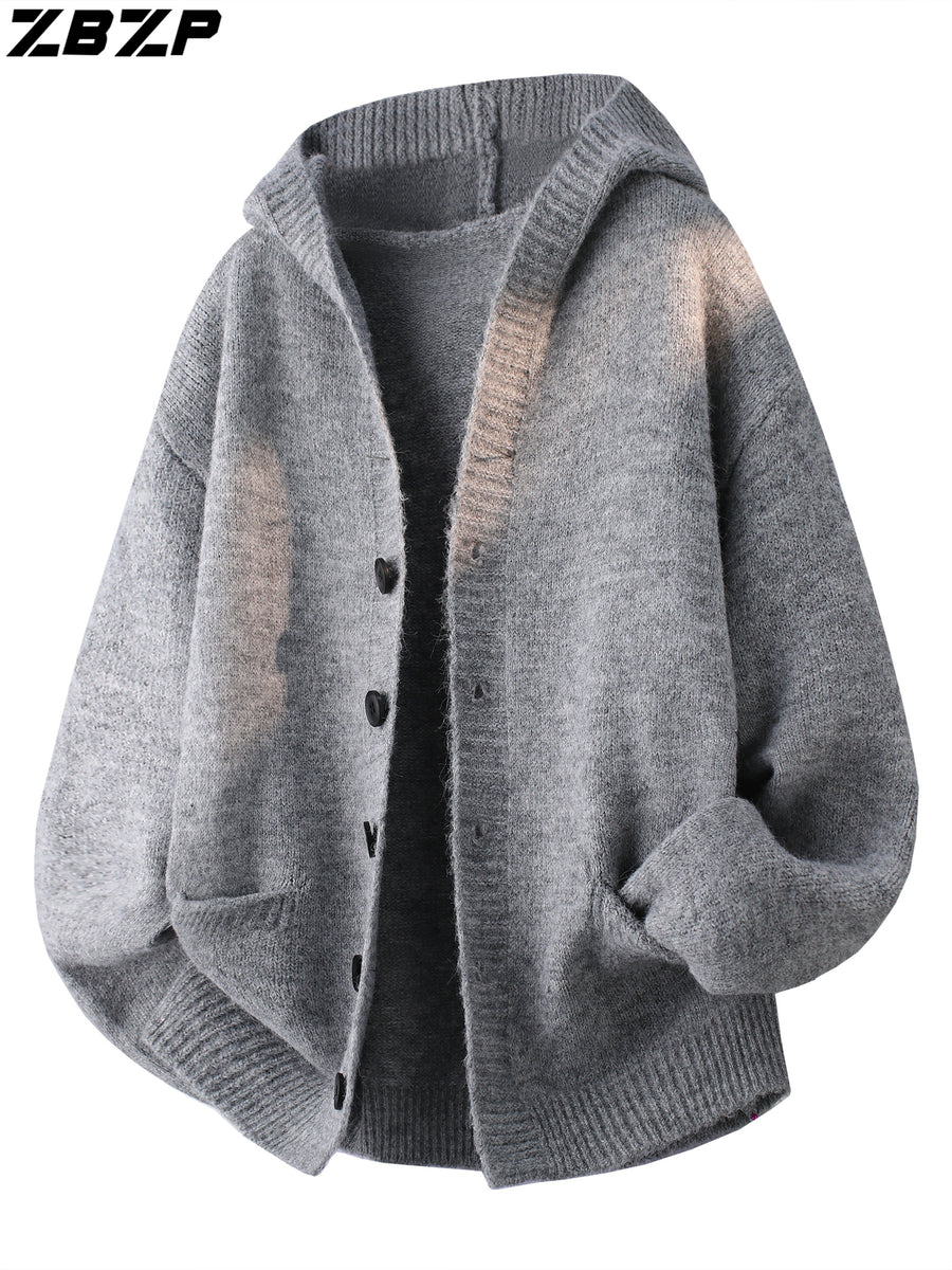 ZBZP Autumn/Winter Knitted 3D Solid Color Hooded Sweater, Basic Knit Cardigan, Men's Fashion Knitted Long-Sleeve Outerwear DM - Light Grey