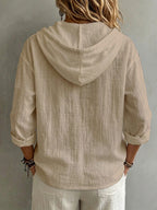 Women's Casual Solid Color Pure Single-Breasted Drawstring Hooded Long-Sleeve Shirt, Loose and Comfortable for Daily Wear, Gatherings, and Office - Khaki