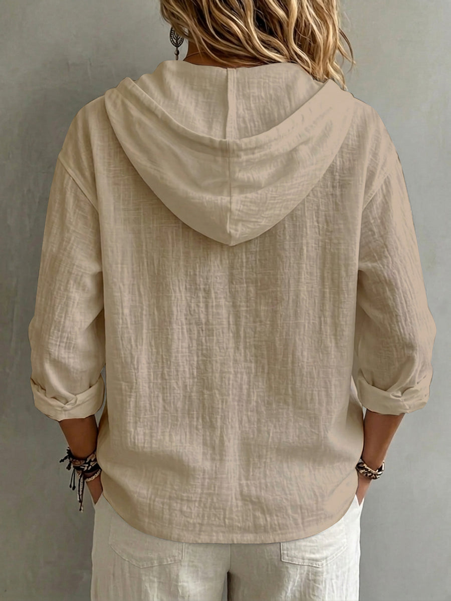 Women's Casual Solid Color Pure Single-Breasted Drawstring Hooded Long-Sleeve Shirt, Loose and Comfortable for Daily Wear, Gatherings, and Office - Khaki