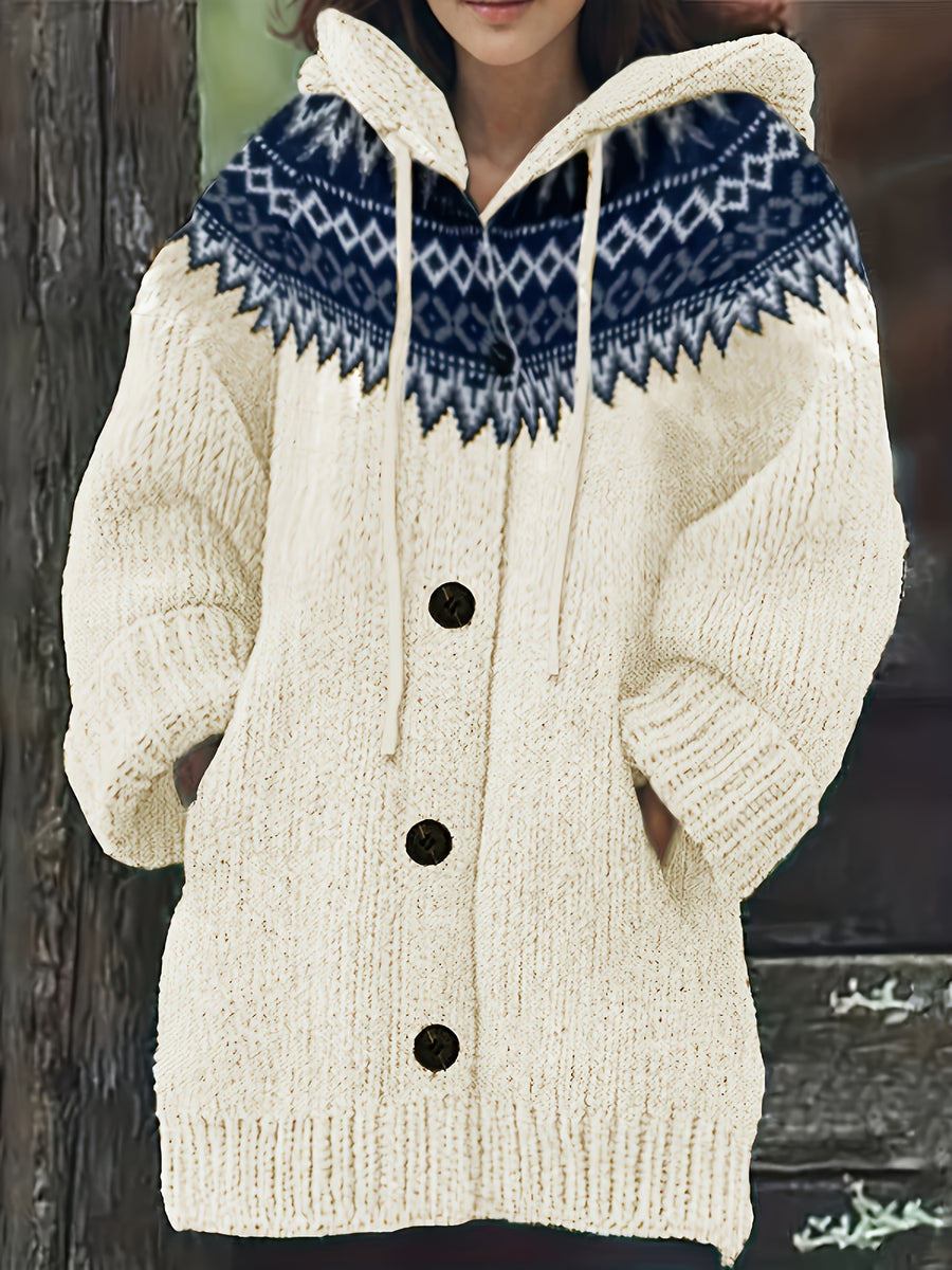 Fashionable Casual Long-Sleeve Hooded Cardigan for Women with Contrasting Colors And Pockets - Apricot