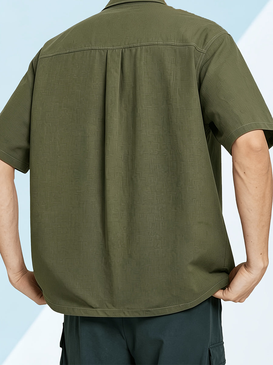 Zhiyu OBM Men's Multi-Color Workwear Short-Sleeve Shirt Jacket, Functional Topstitch Design Casual Outdoor Shirt, Cool and Stylish Must-Have Shirt Jacket for Boys - Olive Green