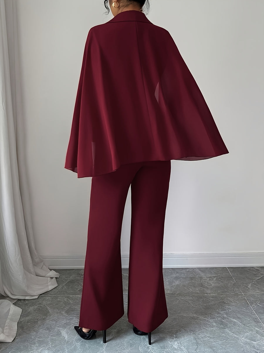Elegant Chiffon Shawl-style Sleeveless Fitted Blazer with Metal Decorative Buttons + Women's Casual Burgundy Flared Pants, Suitable for Spring/summer Wear - Burgundy