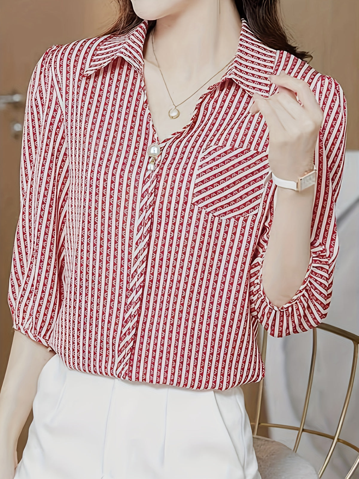 Fashion Short-Sleeve Printed Shirt for Women () - Brick Red