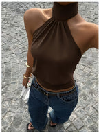 Women's French Vintage Halter Neck Backless Top - Stretch Sleeveless Shirt, Dark Brown High Neck Suitable for Daily Commute, Vacation, Date, Machine Washable Spring Summer Fall Wardrobe Essential - Coffee Brown