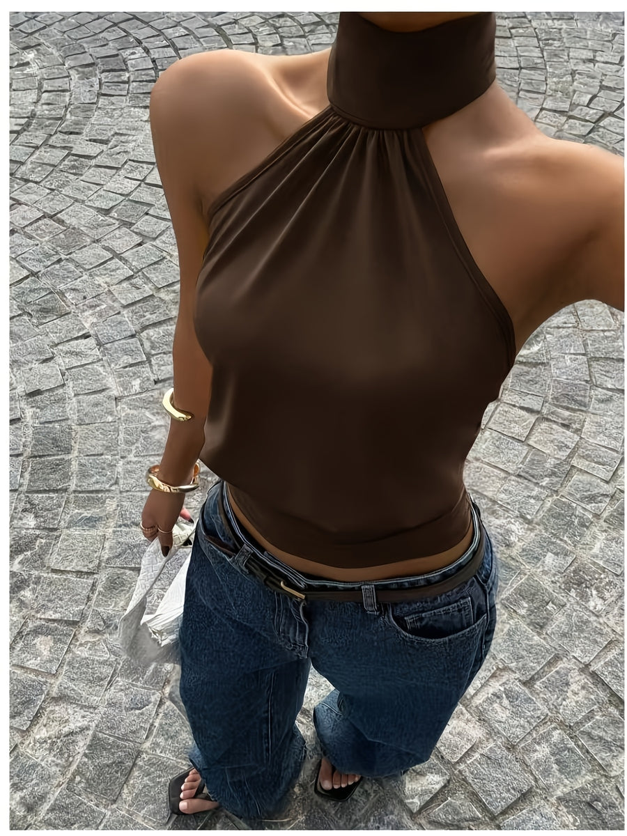 Women's French Vintage Halter Neck Backless Top - Stretch Sleeveless Shirt, Dark Brown High Neck Suitable for Daily Commute, Vacation, Date, Machine Washable Spring Summer Fall Wardrobe Essential - Coffee Brown