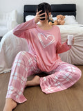Women'S And Loungewear 2pcs Set, Spring Summer Autumn Casual Sleepwear, Comfortable Home Wear, Heart Checkered Theme Set, Loose Round Neck Long Sleeve Top And Elastic Waist Long Pants, Elegant Women'S Clothing for Holidays - Mixed colors