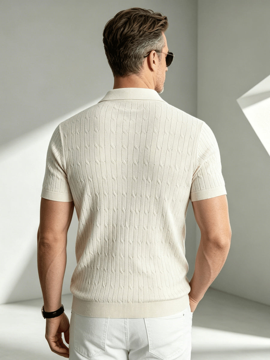 Business-mature Casual Men's Vertical Stripe Twisted Cable Knit Lapel Short-sleeve Polo Shirt, Slim-fit Lightweight Breathable Knit Top, Suitable for Daily, Office, and Weekend Outings in Summer - Apricot
