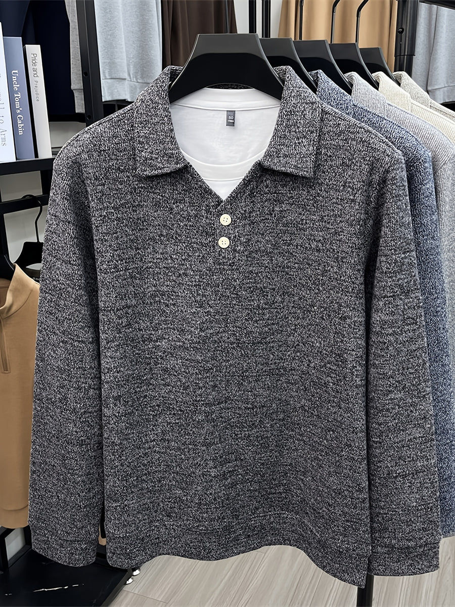 New Autumn/Winter Men's Pullover, Faux 2pcs Long Sleeve Lapel Knit Sweater, Geometric Pattern Men's Button-Up Sweater, Business Casual Fashion Versatile Solid Color Men's Top, Suitable for Daily Outings in Spring and Autumn, Men's Gift, First Choice - Black Gray