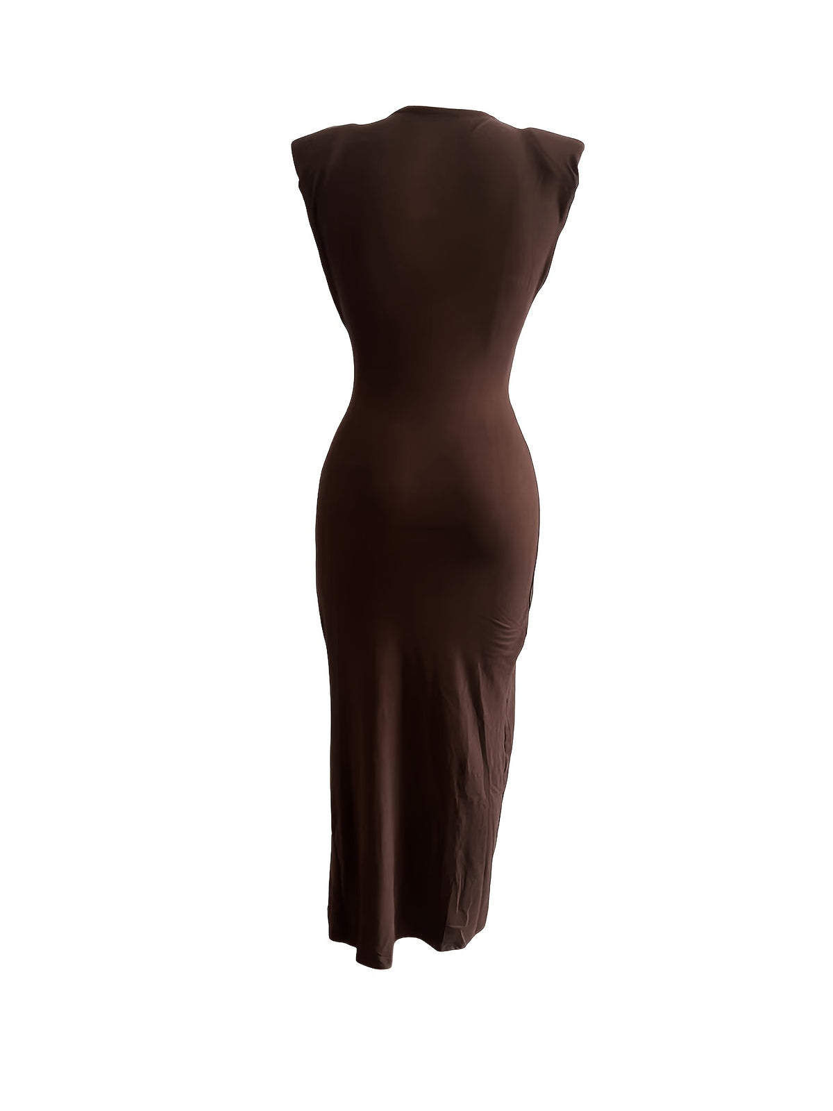 Women'S Fashion Solid Color Side Slit Pleated Deep V Sleeveless Dress - Coffee Brown