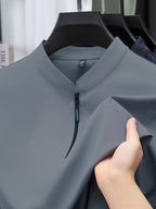 [Josh Mei Obm] Summer Men'S Solid Color Short Sleeve Zipper T-Shirt, Mid-Age Casual Stand-Up Collar Pullover Top - Grey