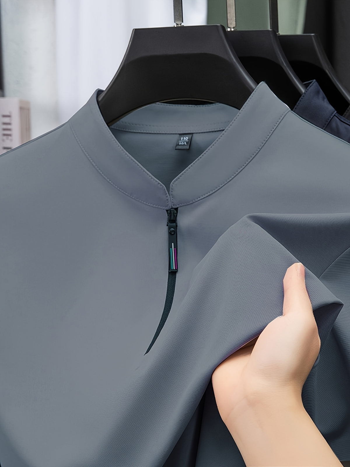 [Josh Mei Obm] Summer Men'S Solid Color Short Sleeve Zipper T-Shirt, Mid-Age Casual Stand-Up Collar Pullover Top - Grey