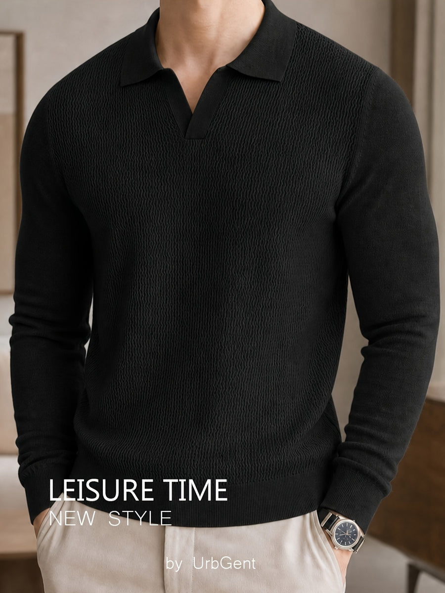 Men's Waffle Textured Long Sleeve Polo Sweater, V Notch Collar Soft Lightweight Knit Pullover, Slim Fit Business Casual Knitted Top for Office Daily Gentlemen Wear - Black