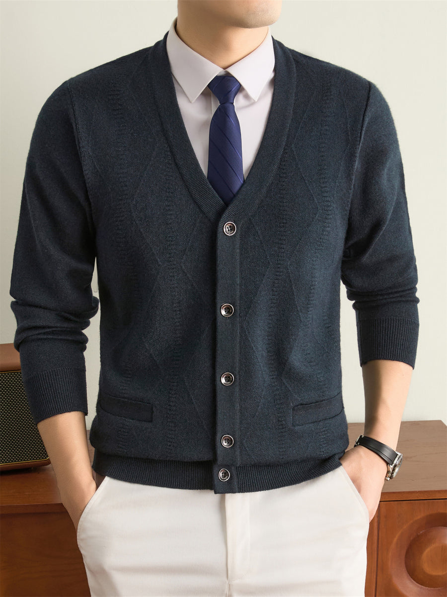 Autumn Winter Knit 3D Solid Color V-Neck Sweater, Basic Knit Cardigan for Men, Fashionable Long Sleeve Sweater, Size Y - Deep Gray