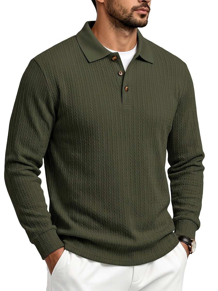 Spring/Autumn Men'S Long Sleeve Polo Shirt, High-Elastic Textured Vertical Rib Jacquard Collar T-Shirt, Business Casual Slim Fit Versatile Solid Color Pullover Top - Green