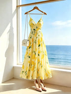 Vacation Style Italian Thin Strap Dress, Women'S Romantic Long Gown - Yellow