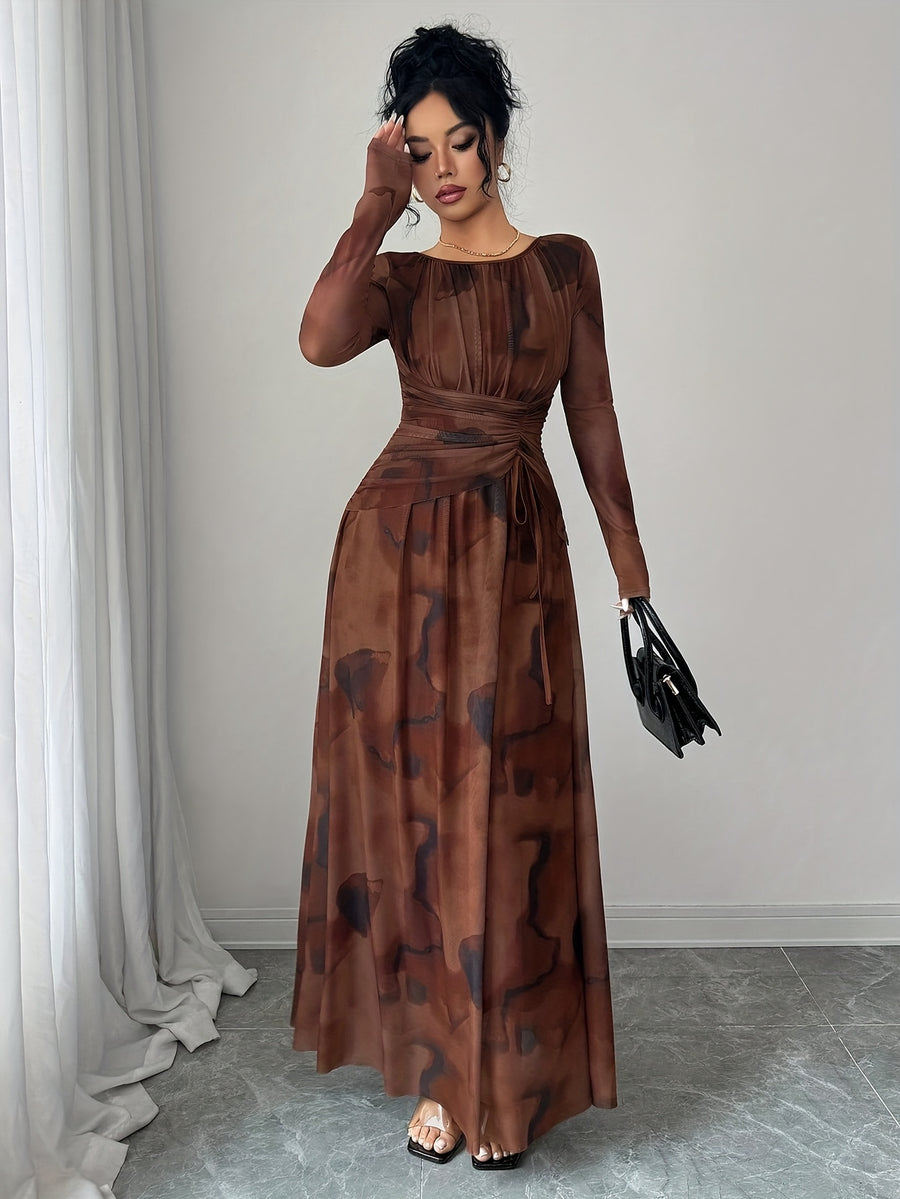Women'S Elegant Elastic Waist A-Line Brown Long Dress, Wedding Guest Gown for Parties, Fashionable And Versatile - Coffee Color