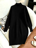 Women's Mid-length Sweater Dress, Korean-style Loose-fit Long Straight-cut Dress That Conceals Curves and Is, Solid-color Outerwear Sweater Dress, Elegant High-neck Base Layer Dress, High-end Winter Sweater Dress - Black