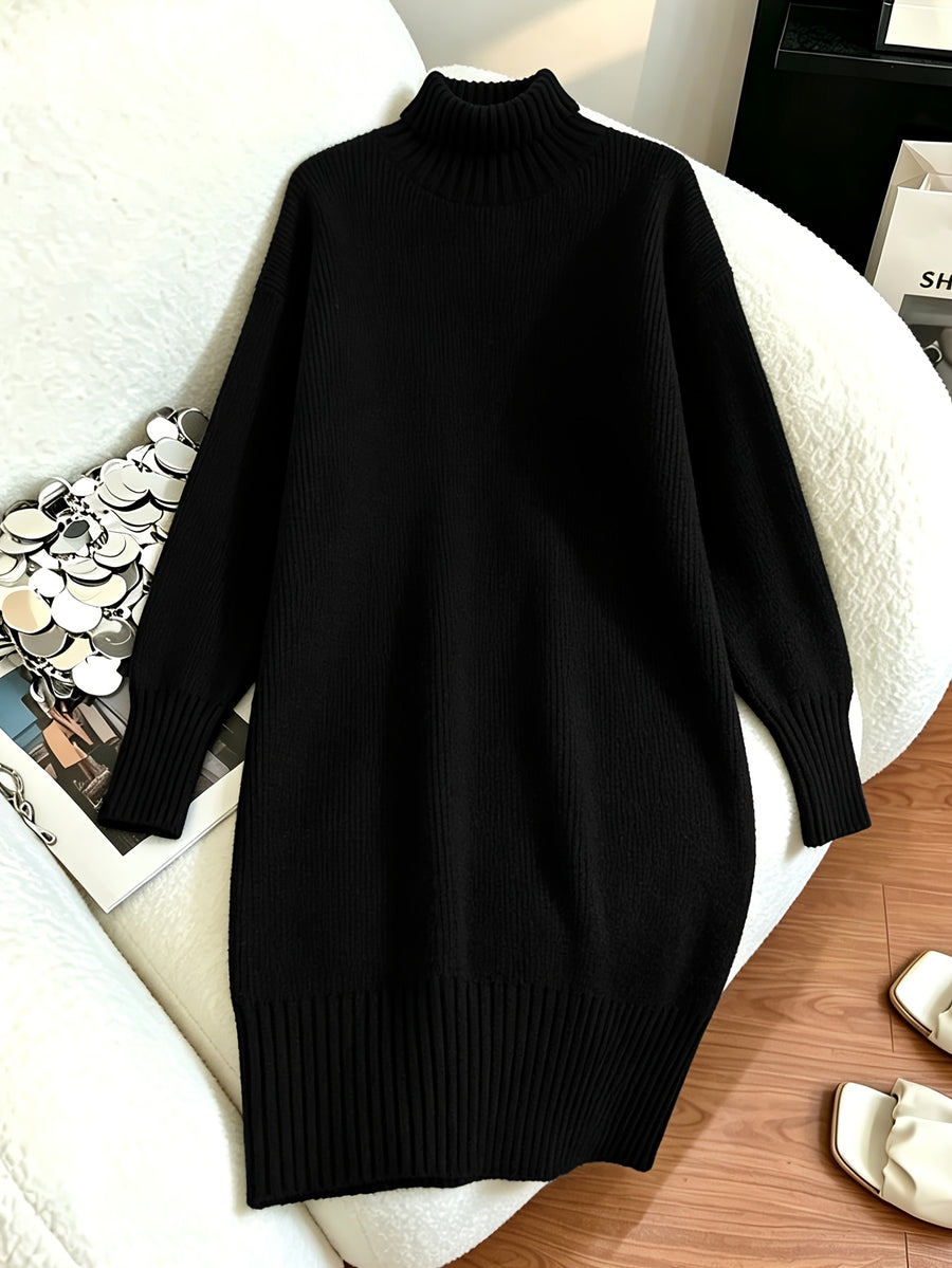 Women's Mid-length Sweater Dress, Korean-style Loose-fit Long Straight-cut Dress That Conceals Curves and Is, Solid-color Outerwear Sweater Dress, Elegant High-neck Base Layer Dress, High-end Winter Sweater Dress - Black