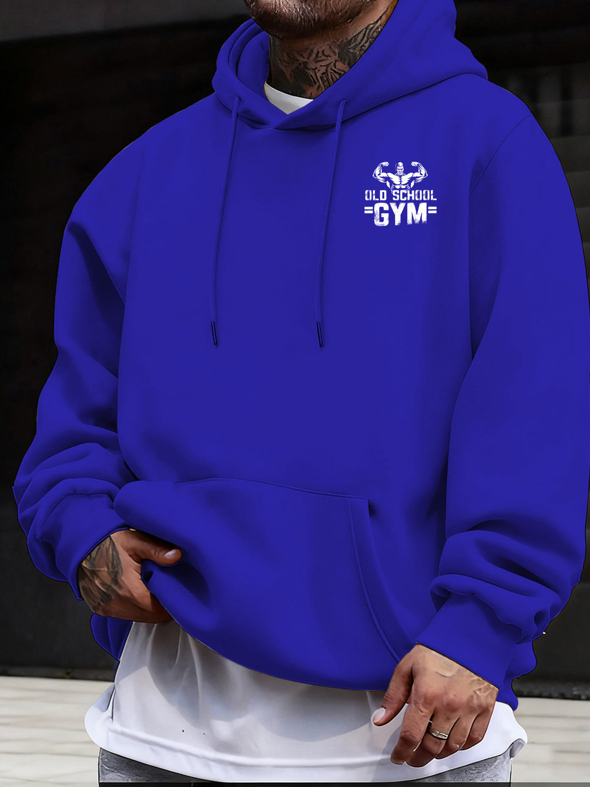 Men's Casual Sweatshirt with Letter Print, Drawstring Hood, Long Sleeve Pullover with Pocket - Blue