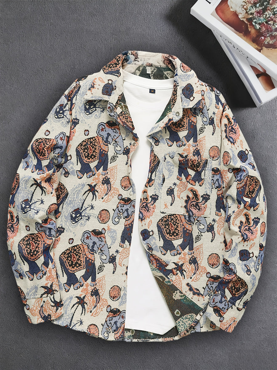 Men'S American Retro All-Over Floral Woven Teddy Bear Shirt Jacket, Men'S Autumn Premium Trendy Brand Bad Boy Influencer Casual Shirt - Elephant