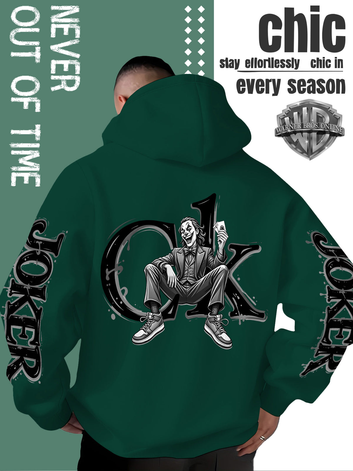 Men'S Hooded Sweatshirt, Western Trendy Cool Black And White Sketch Joker Theme Print, Sleeves with Same Series Splatter Art Lettering, Breathable And Skin-Friendly Fabric, Showcasing ' Fashion Sense, Ideal Gift for Holidays And Birthdays - Green