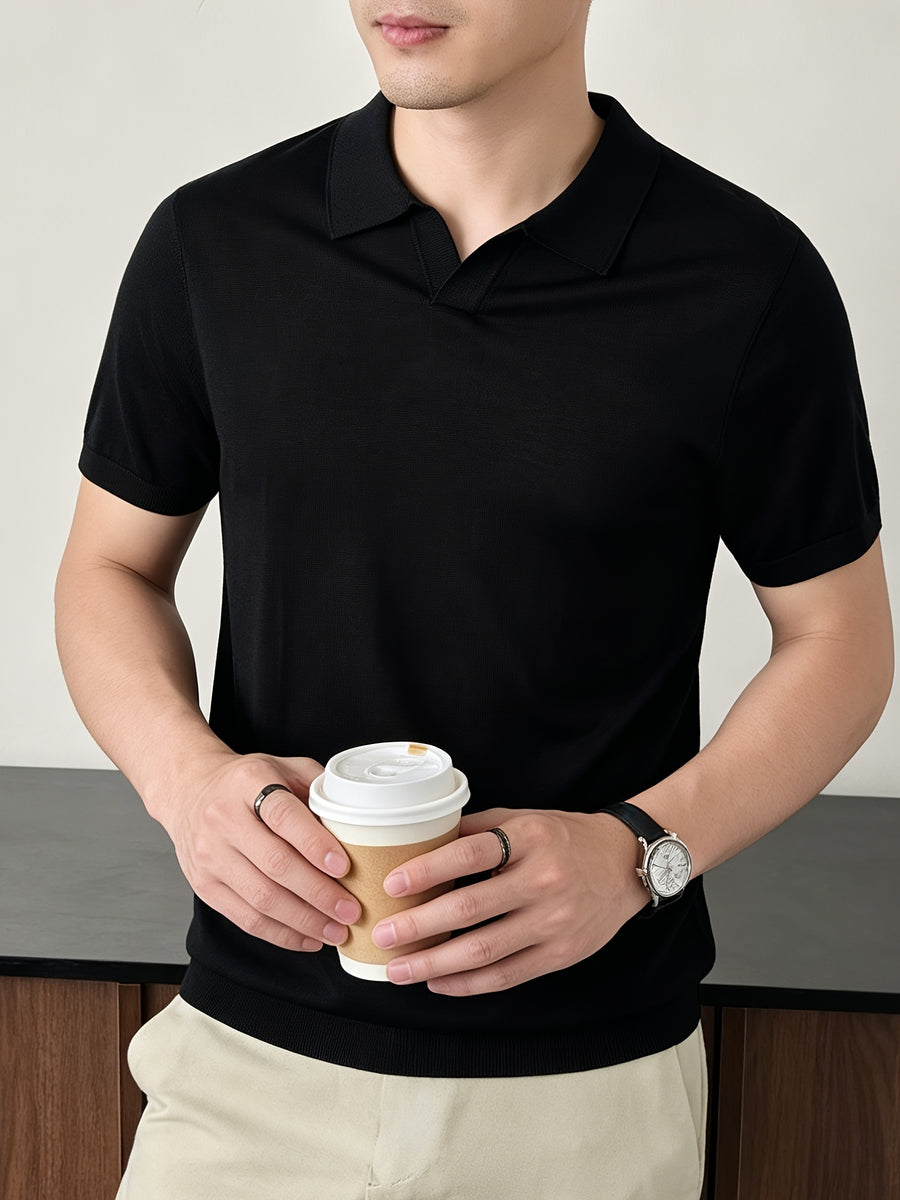 Maqiqi OBM New Spring/Summer Men's Knitted Pullover, Old Money Style Solid Color Clean Cut Half-Open Placket Scissor Collar Lapel Ribbed Knit Short Sleeve T-Shirt, Men's Casual Fashion Thin Breathable Pullover Sweater Knit Base Layer Top - Black 1