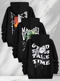 3pcs Trendy Print Sweatshirt, Men's Casual Hooded Sweatshirt, Long-sleeve Pullover, Slightly Stretchy, Knitted Polyester Fabric, Regular Fit Men's Hoodie - Black