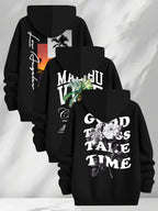 3pcs Trendy Print Sweatshirt, Men's Casual Hooded Sweatshirt, Long-sleeve Pullover, Slightly Stretchy, Knitted Polyester Fabric, Regular Fit Men's Hoodie - Black